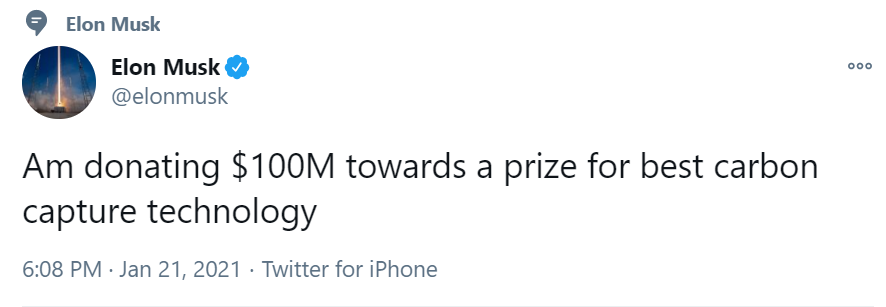 Elon Musk Tweets about prize for carbon capture technology