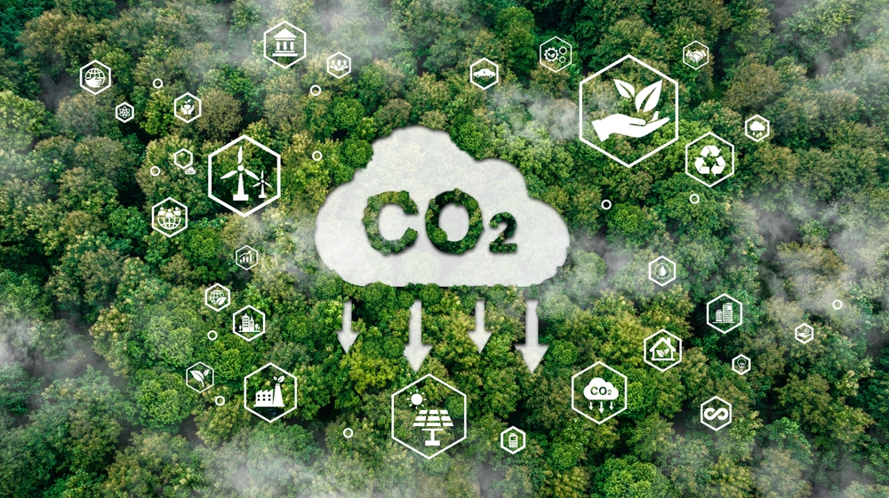 A cloud labeled "CO2" points arrows downward to indicate emissions reduction.