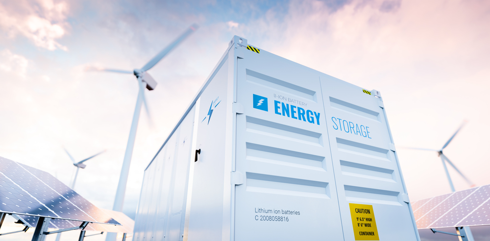 A white structure labeled "energy storage" sits between wind turbines and solar panels.