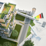 Rendering of a hi-rise building and energy efficiency scorecard